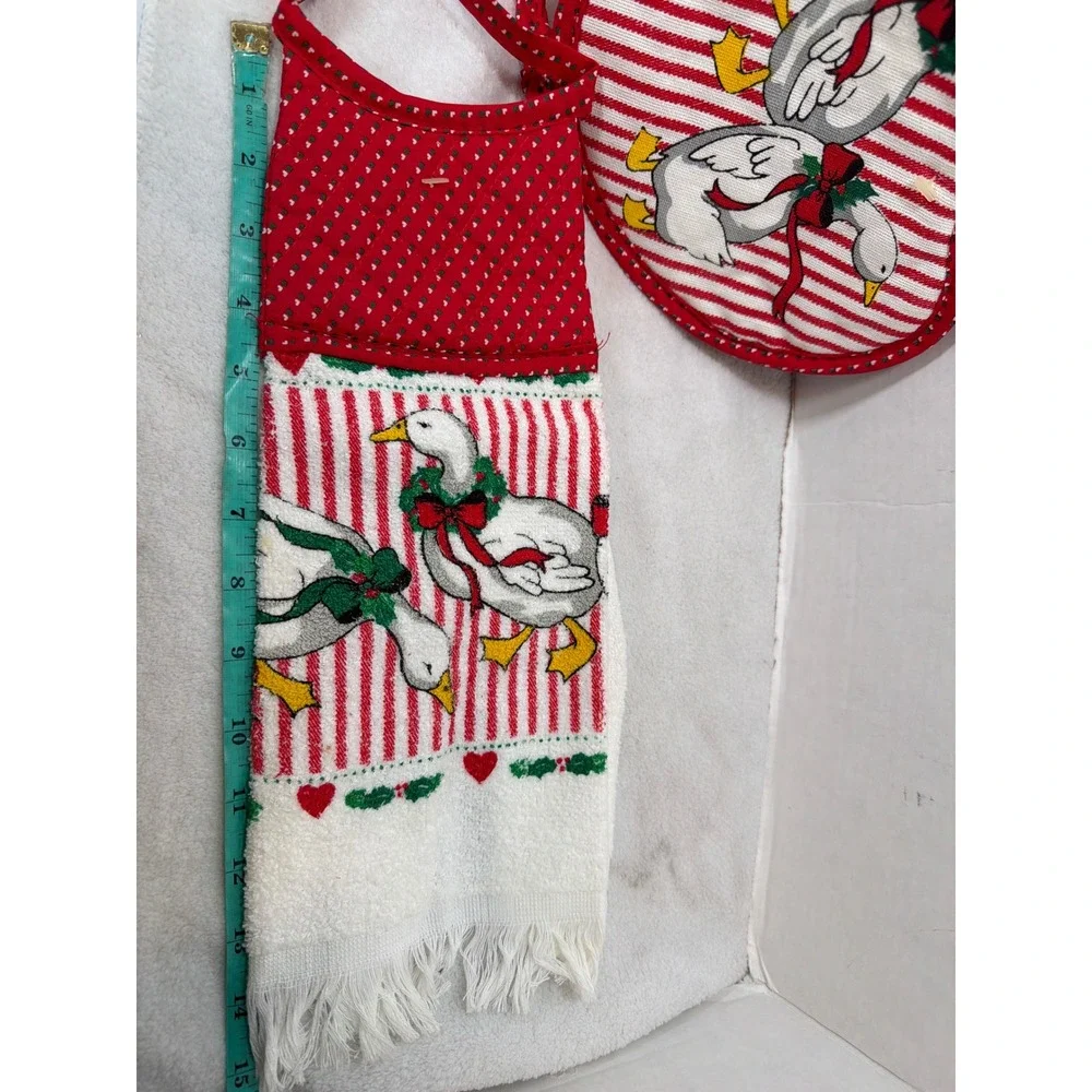NWT VTG 90s Cannon Heirloom Kitchen Set Red Christmas Goose 3pc Towel Mitt